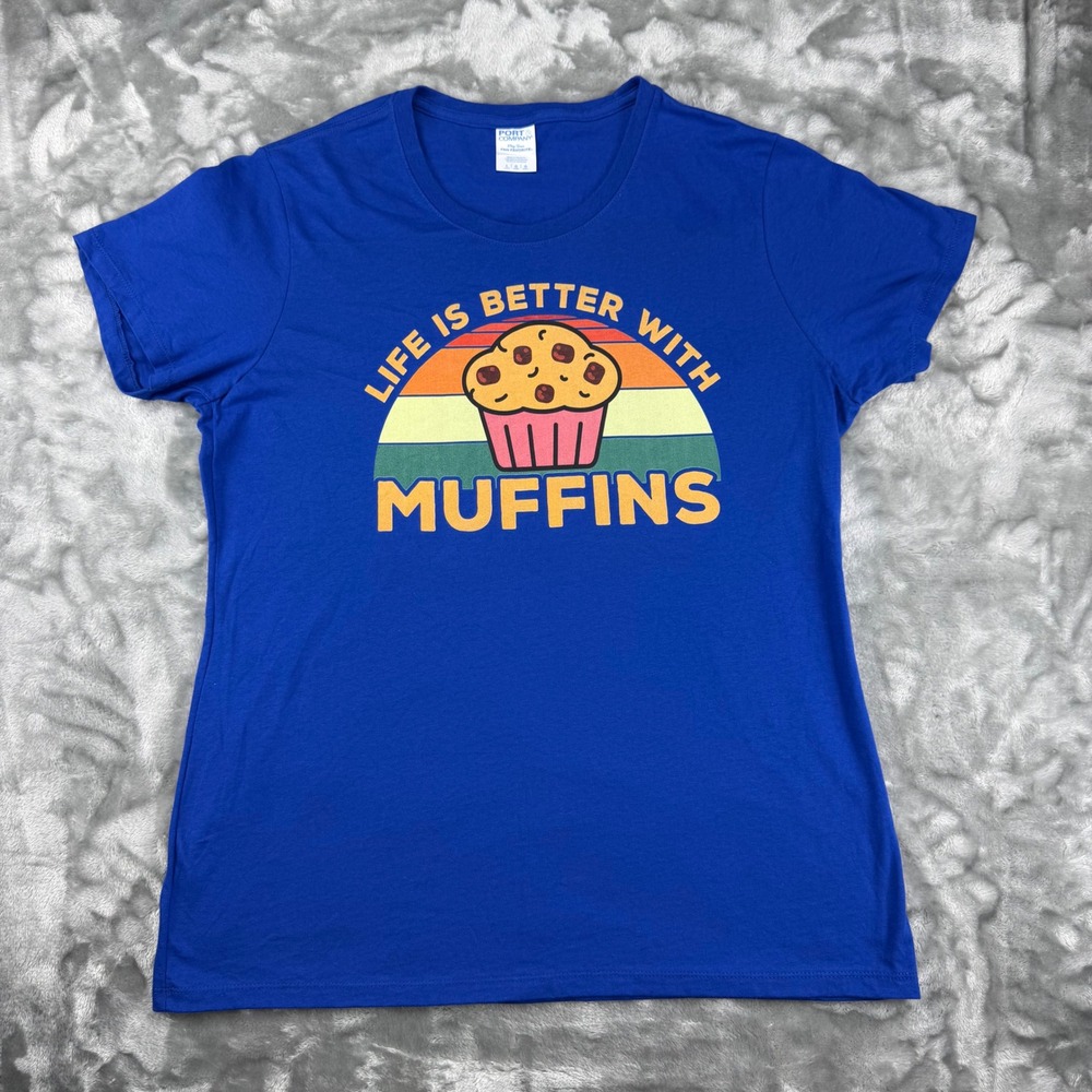 Port & Co Blue Life Is Better With Muffins Graphic Tee T-Shirt Womens L Cute